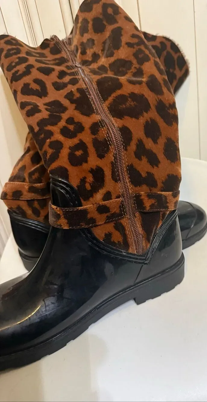 Bamboo Women's Leopard Print Mid-Calf Faux Fur Rain Boots Brown Black Size 8.5